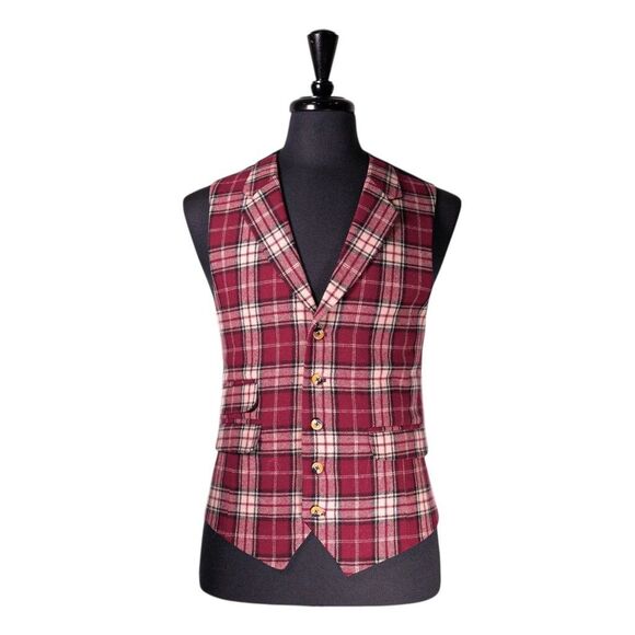 Chiragh Apparel Other - Mens 42R Wool Vest Burgundy Cream Plaid Waistcoat Classic Formal Wedding Party